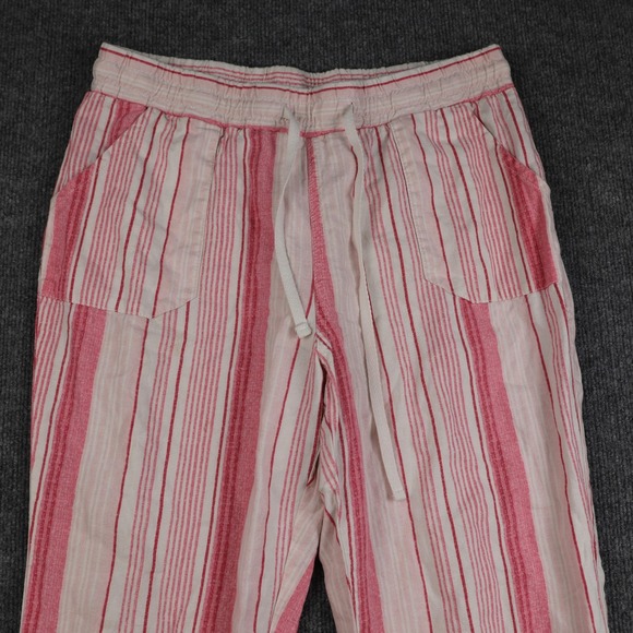 Linen Blend Pants Womens Medium Pink Striped Drawstring Elastic Waist Pockets - Picture 2 of 12